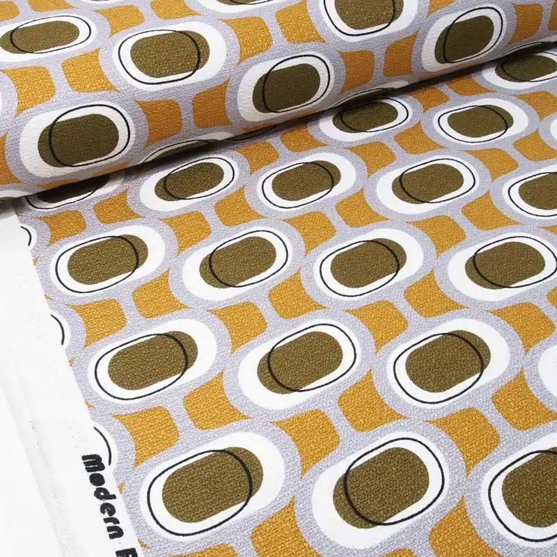 Preiswert Bio Baumwolle Maxi Perlenkette oliv senf – Modern Retro Barkcloth Orbs Dekostoff